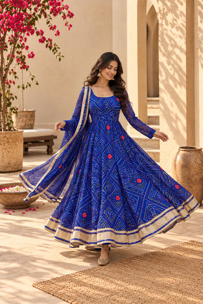 KIRAN BLUE BANDHEJ ANARKALI SET