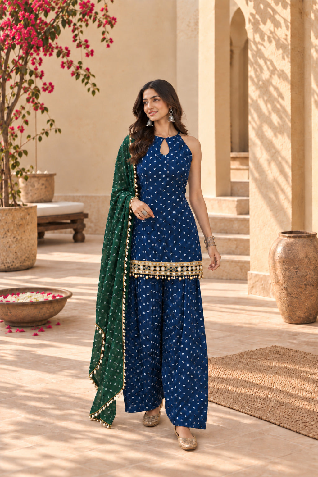PRAVINA PEACOCK BLUE BANDHEJ MIRROR WORK FARSHI SET