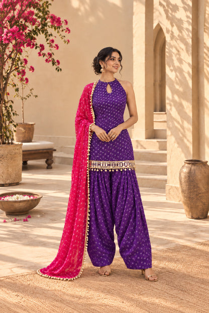VIDITA PURPLE BANDHEJ MIRROR WORK FARSHI SET