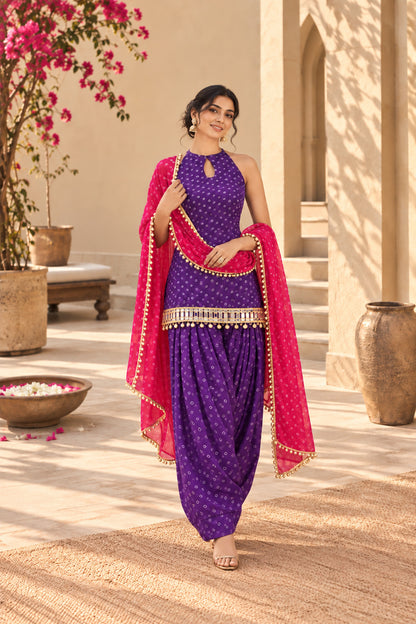 VIDITA PURPLE BANDHEJ MIRROR WORK FARSHI SET