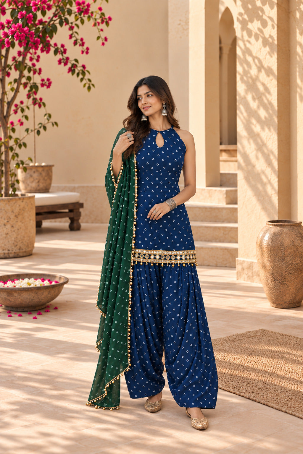 PRAVINA PEACOCK BLUE BANDHEJ MIRROR WORK FARSHI SET