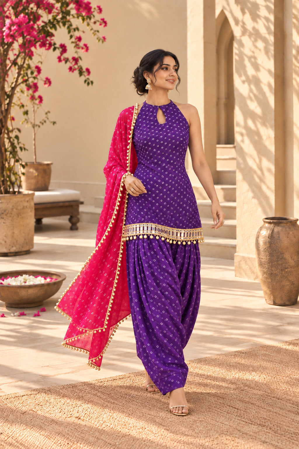 VIDITA PURPLE BANDHEJ MIRROR WORK FARSHI SET