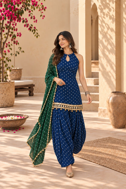 PRAVINA PEACOCK BLUE BANDHEJ MIRROR WORK FARSHI SET