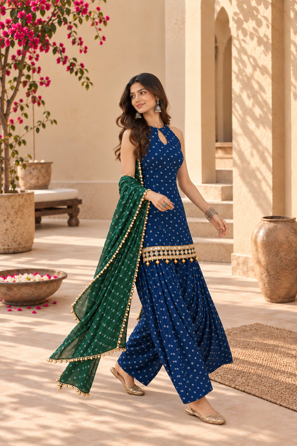 PRAVINA PEACOCK BLUE BANDHEJ MIRROR WORK FARSHI SET