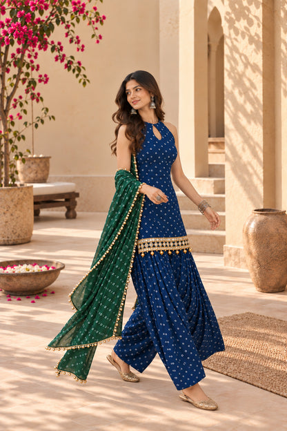PRAVINA PEACOCK BLUE BANDHEJ MIRROR WORK FARSHI SET