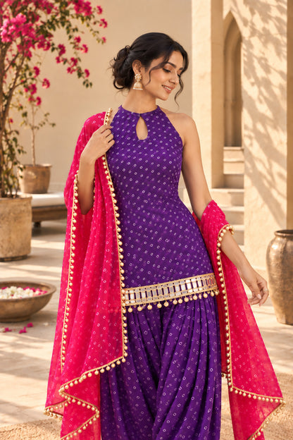 VIDITA PURPLE BANDHEJ MIRROR WORK FARSHI SET