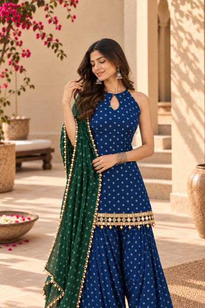 PRAVINA PEACOCK BLUE BANDHEJ MIRROR WORK FARSHI SET