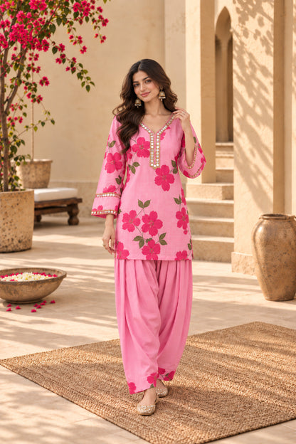 SHARIA PINK HANDPAINTED KOTA DORIYA FARSHI SET