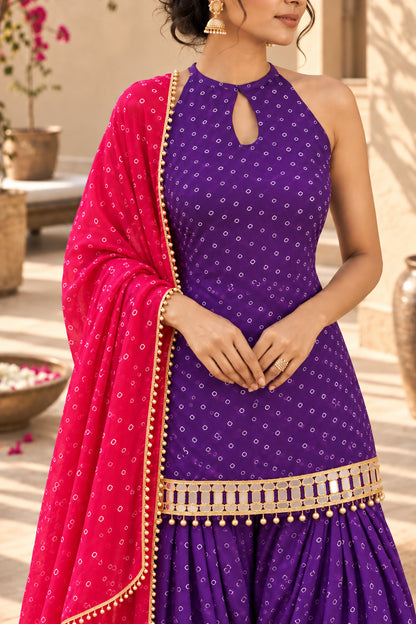 VIDITA PURPLE BANDHEJ MIRROR WORK FARSHI SET