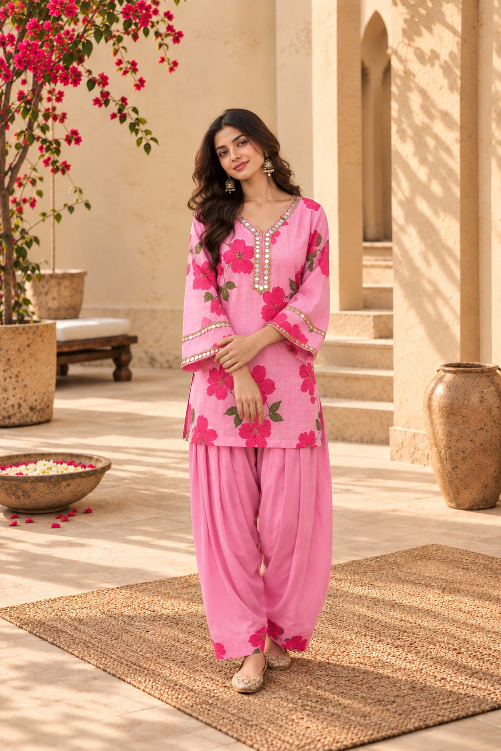 SHARIA PINK HANDPAINTED KOTA DORIYA FARSHI SET