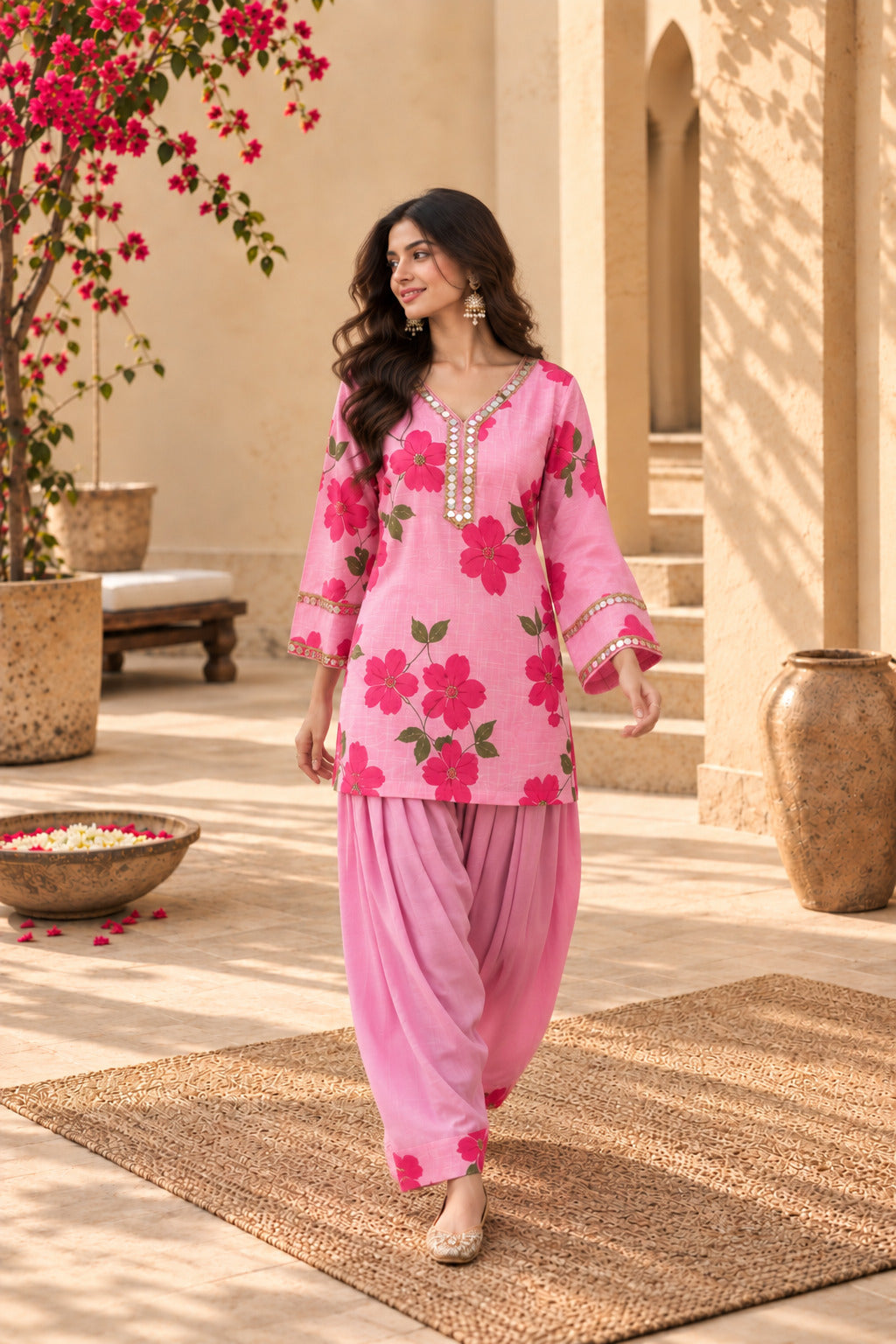 SHARIA PINK HANDPAINTED KOTA DORIYA FARSHI SET