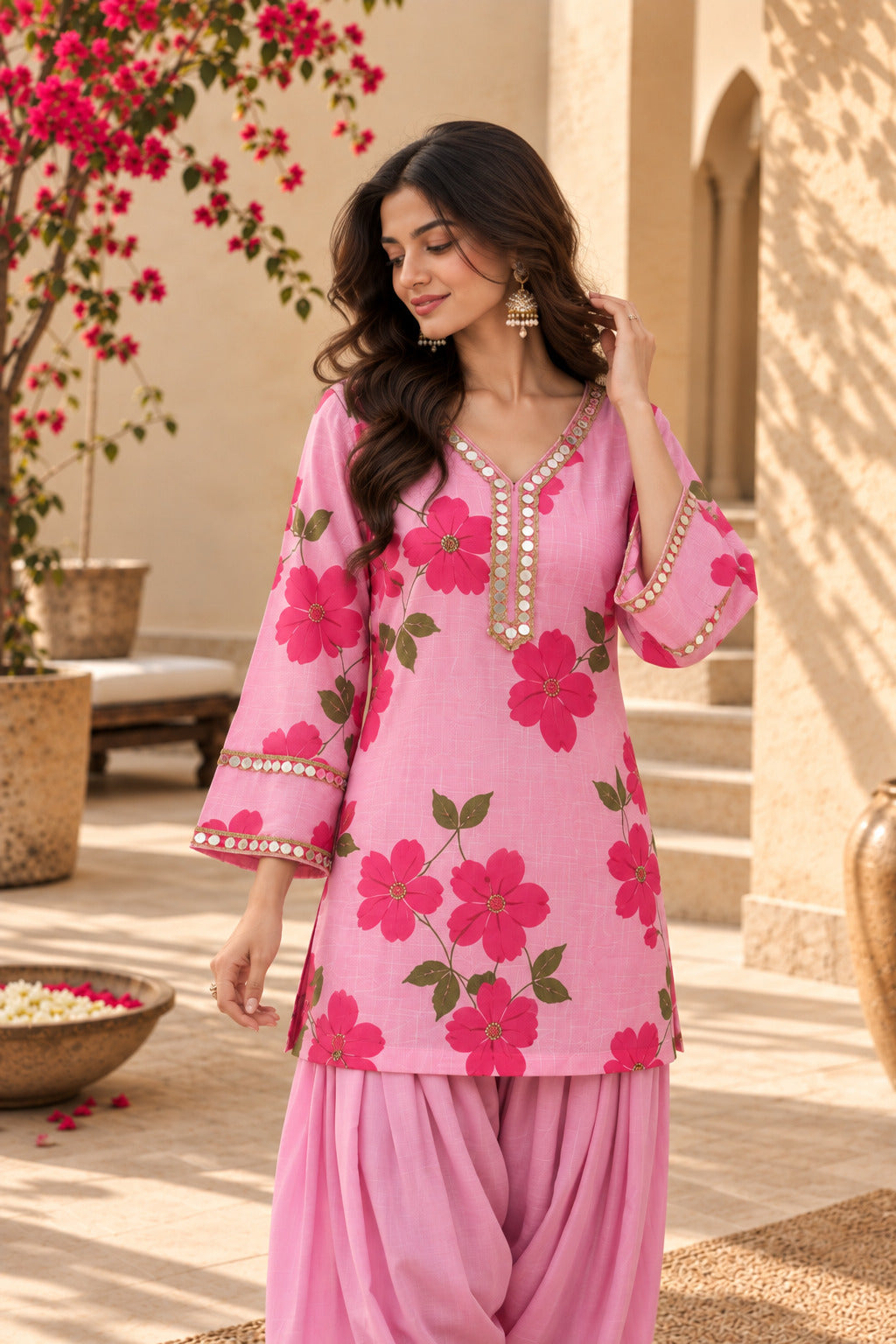 SHARIA PINK HANDPAINTED KOTA DORIYA FARSHI SET