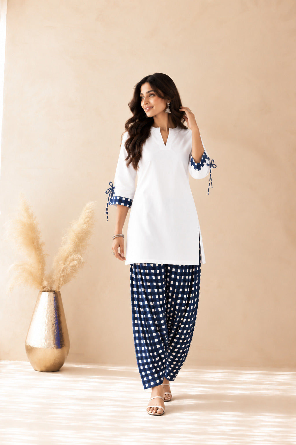 AQSA BLUE GINGHAM FARSHI SET