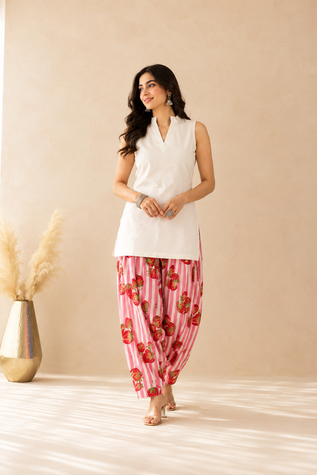 AFZA PINK STRIPED FARSHI SET