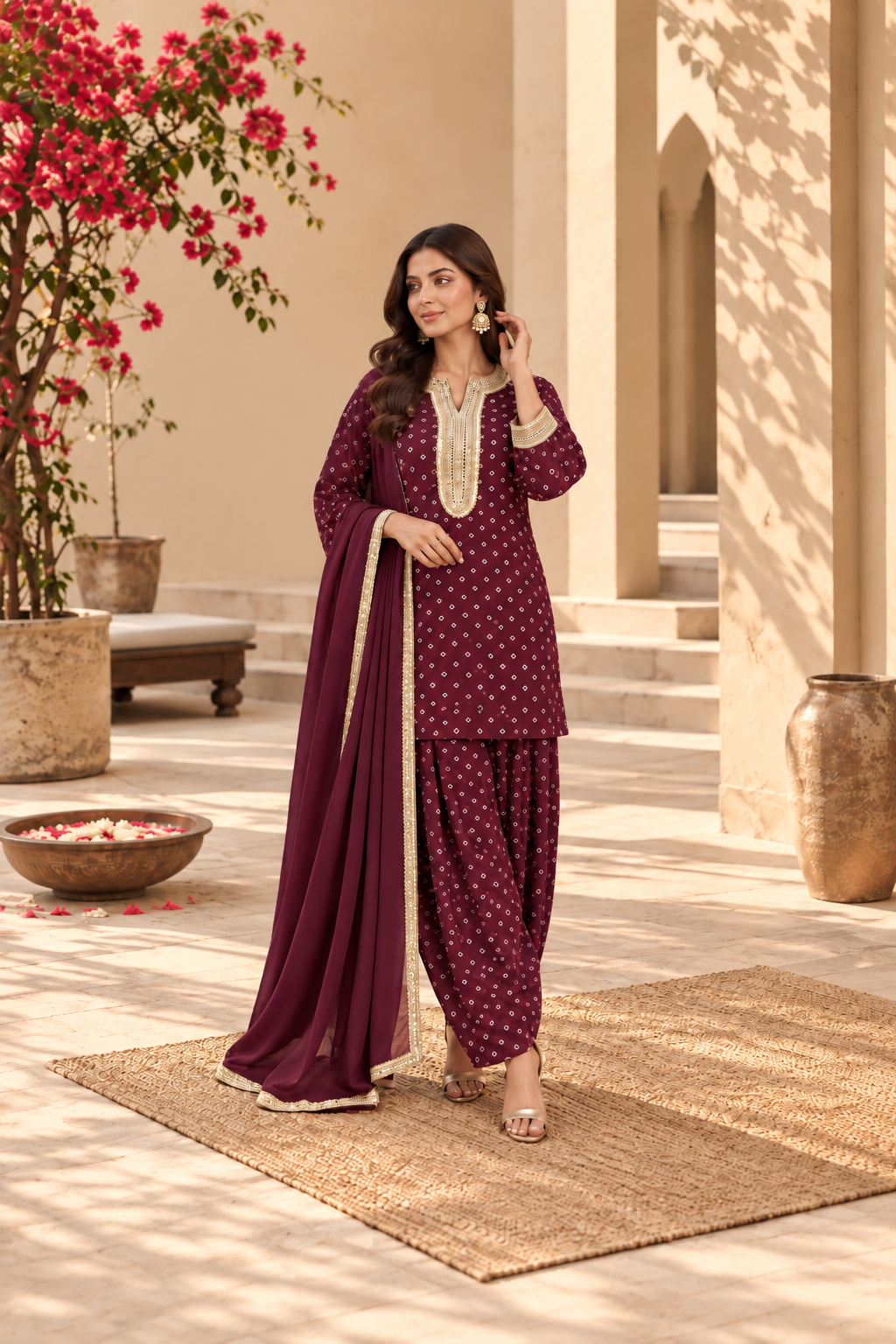 CHAITRA WINE BANDHEJ FARSHI SET WITH DUPATTA