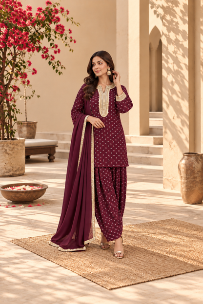 CHAITRA WINE BANDHEJ FARSHI SET WITH DUPATTA