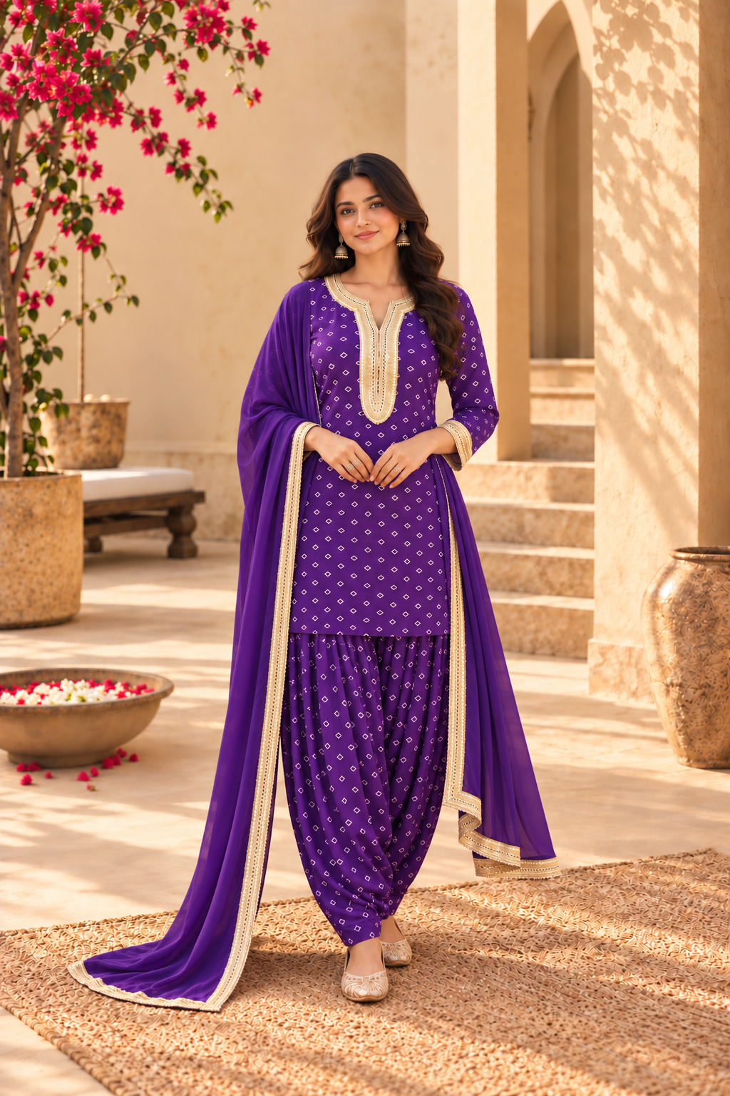 EKTA PURPLE BANDHEJ FARSHI SET WITH DUPATTA