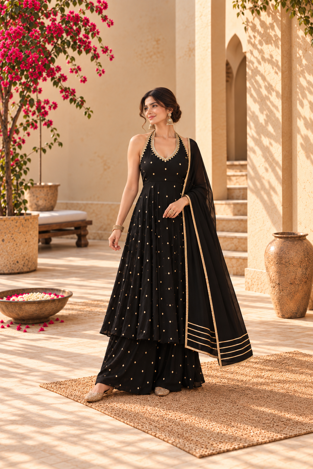 ROSHNI BLACK HALTER NECK ANARKALI SET
