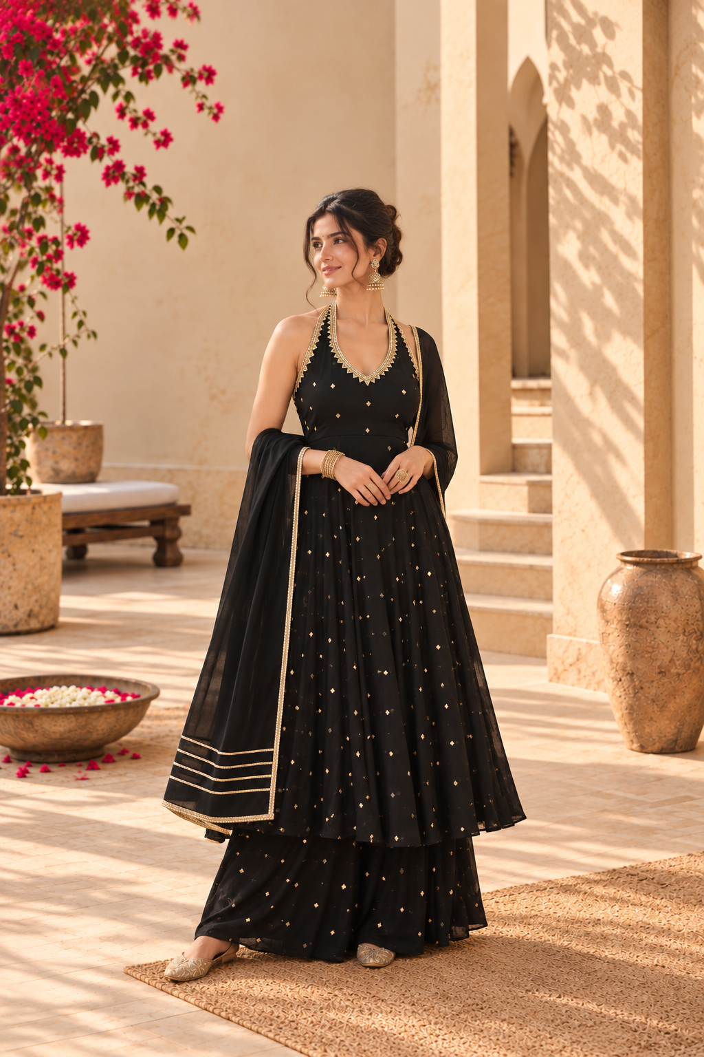 ROSHNI BLACK HALTER NECK ANARKALI SET