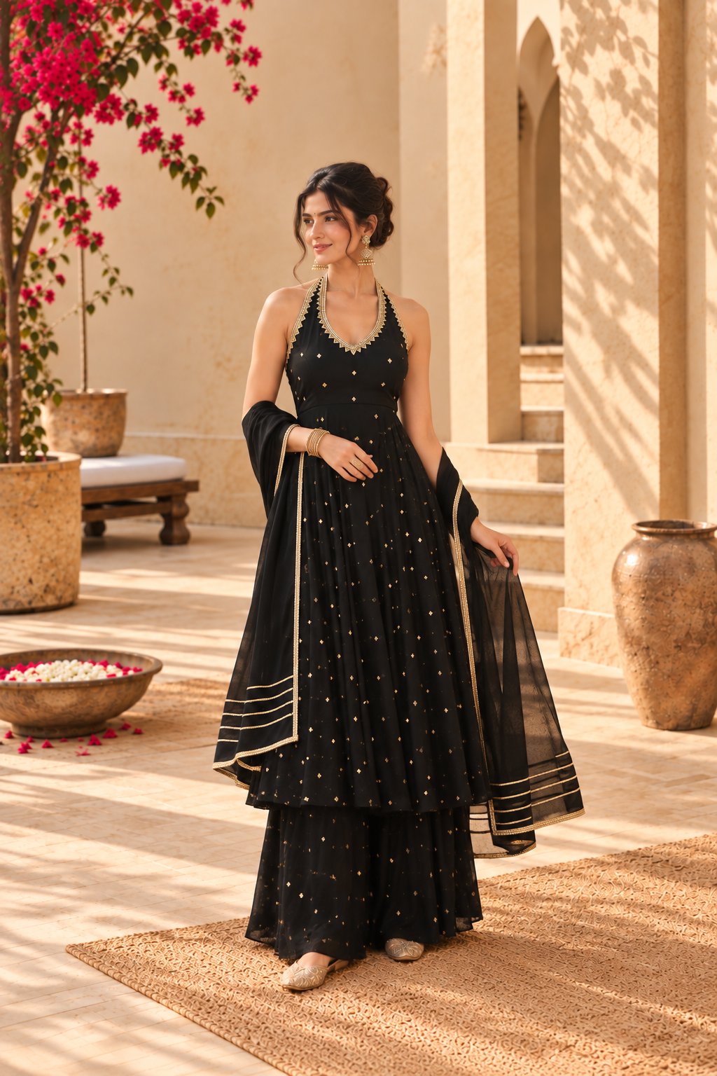 ROSHNI BLACK HALTER NECK ANARKALI SET