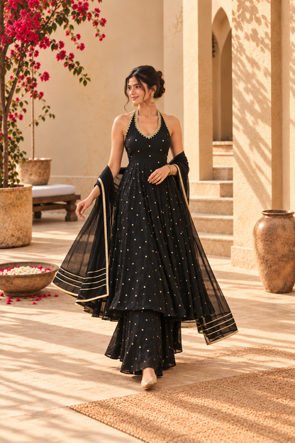 ROSHNI BLACK HALTER NECK ANARKALI SET