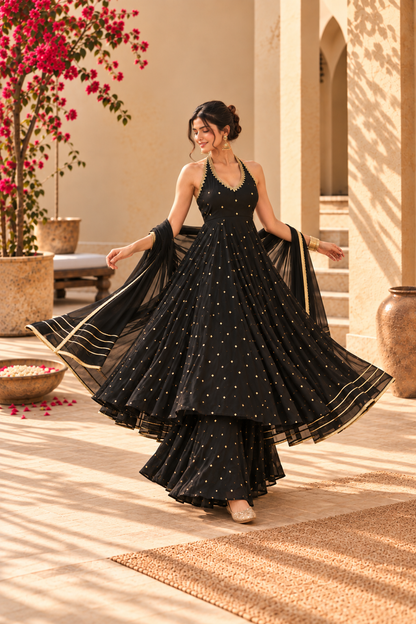 ROSHNI BLACK HALTER NECK ANARKALI SET