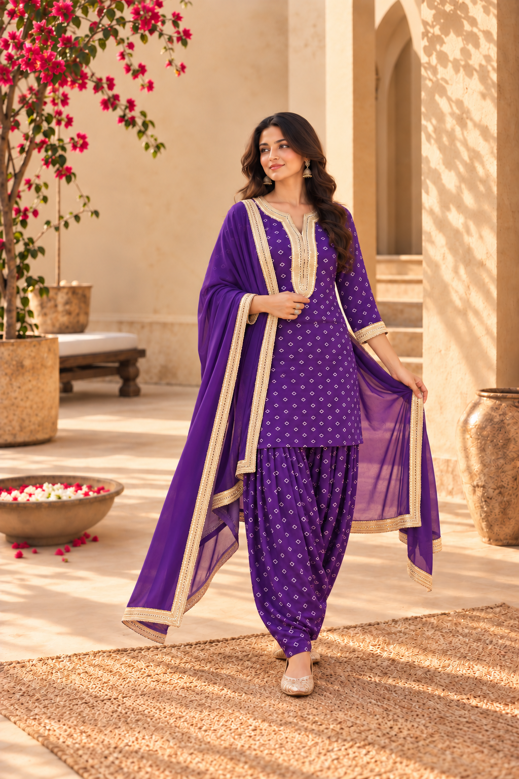 EKTA PURPLE BANDHEJ FARSHI SET WITH DUPATTA