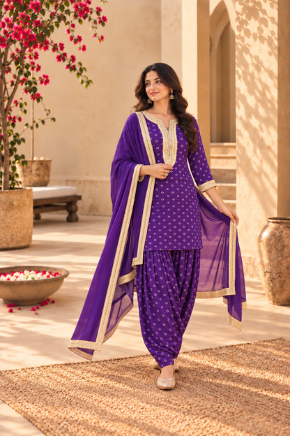 EKTA PURPLE BANDHEJ FARSHI SET WITH DUPATTA