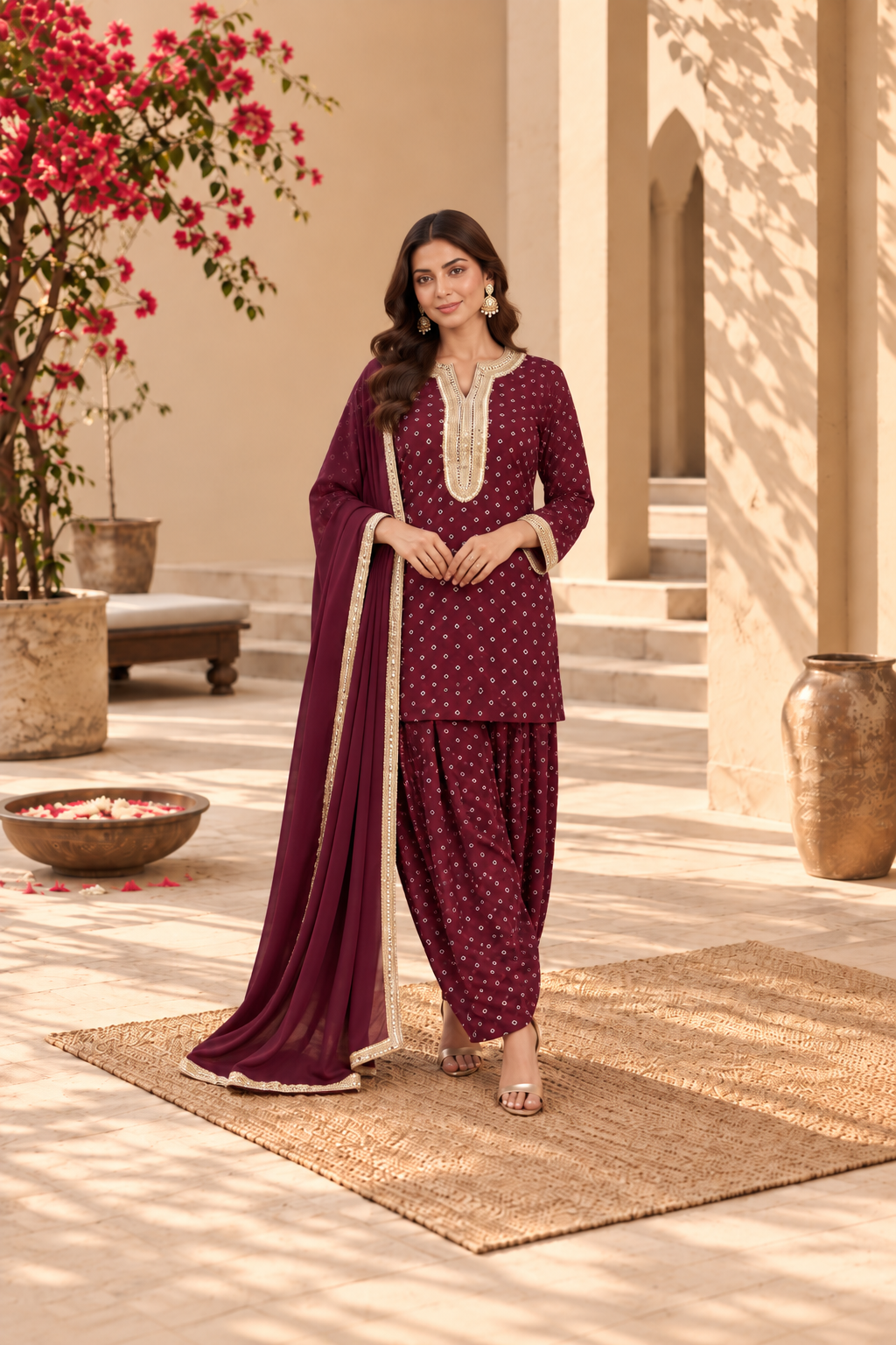 CHAITRA WINE BANDHEJ FARSHI SET WITH DUPATTA