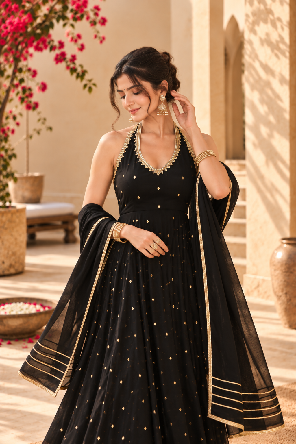 ROSHNI BLACK HALTER NECK ANARKALI SET