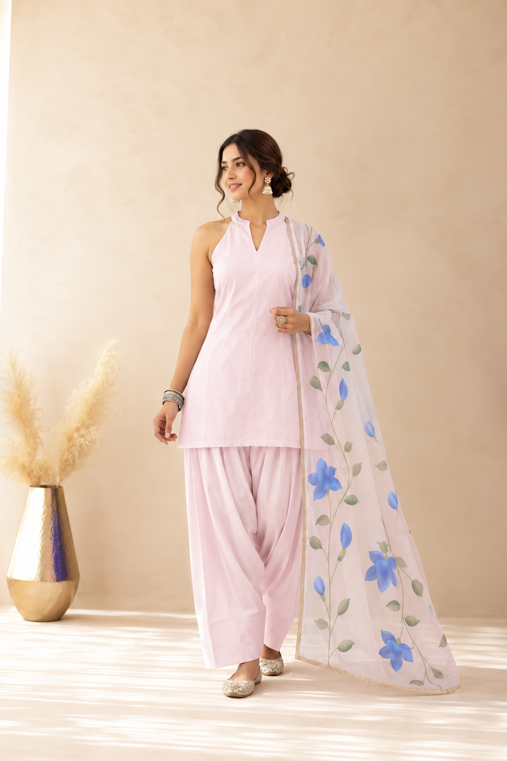 SAIMA PASTEL PINK HANDPAINTED DUPATTA FARSHI SET