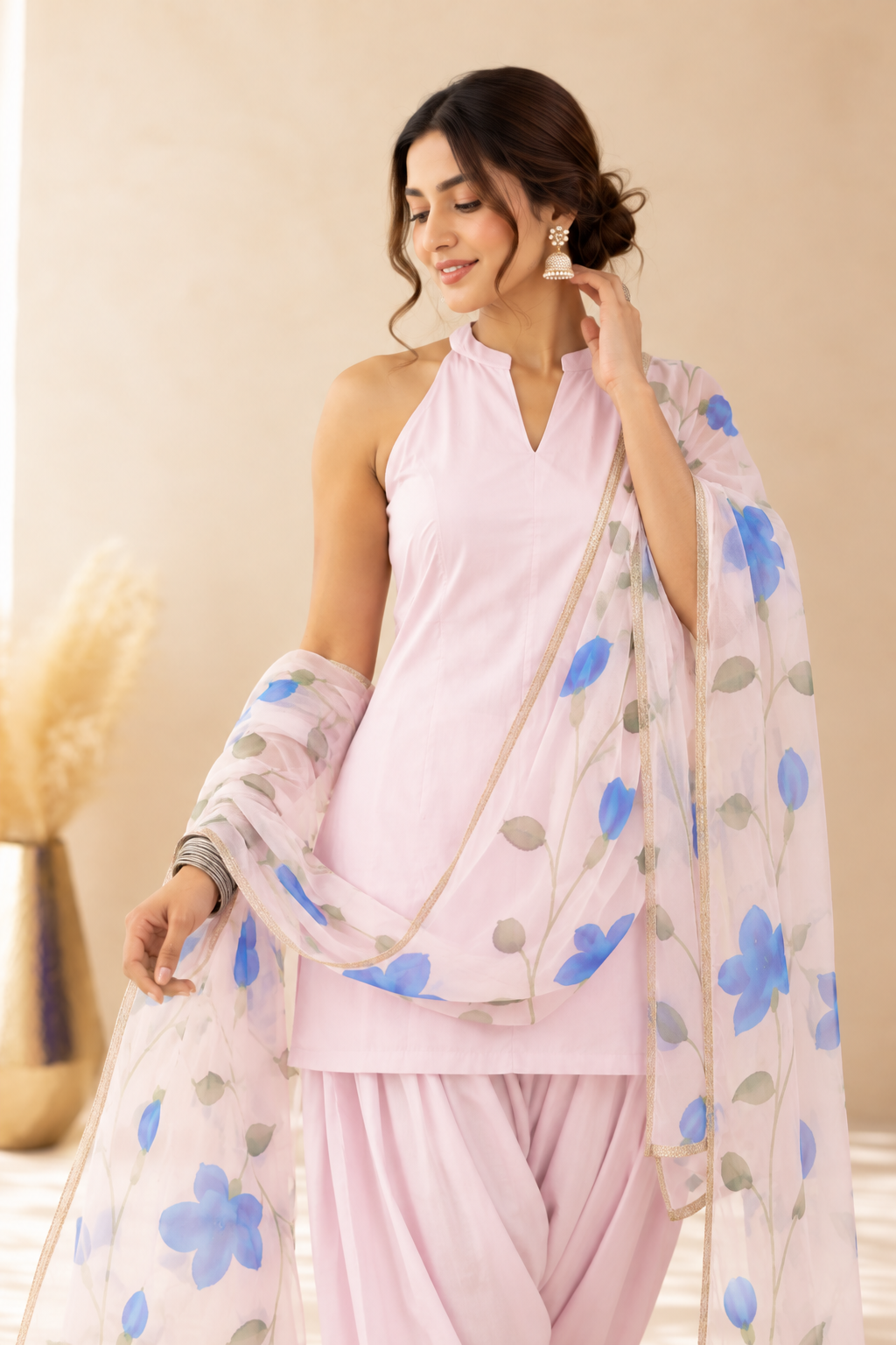 SAIMA PASTEL PINK HANDPAINTED DUPATTA FARSHI SET