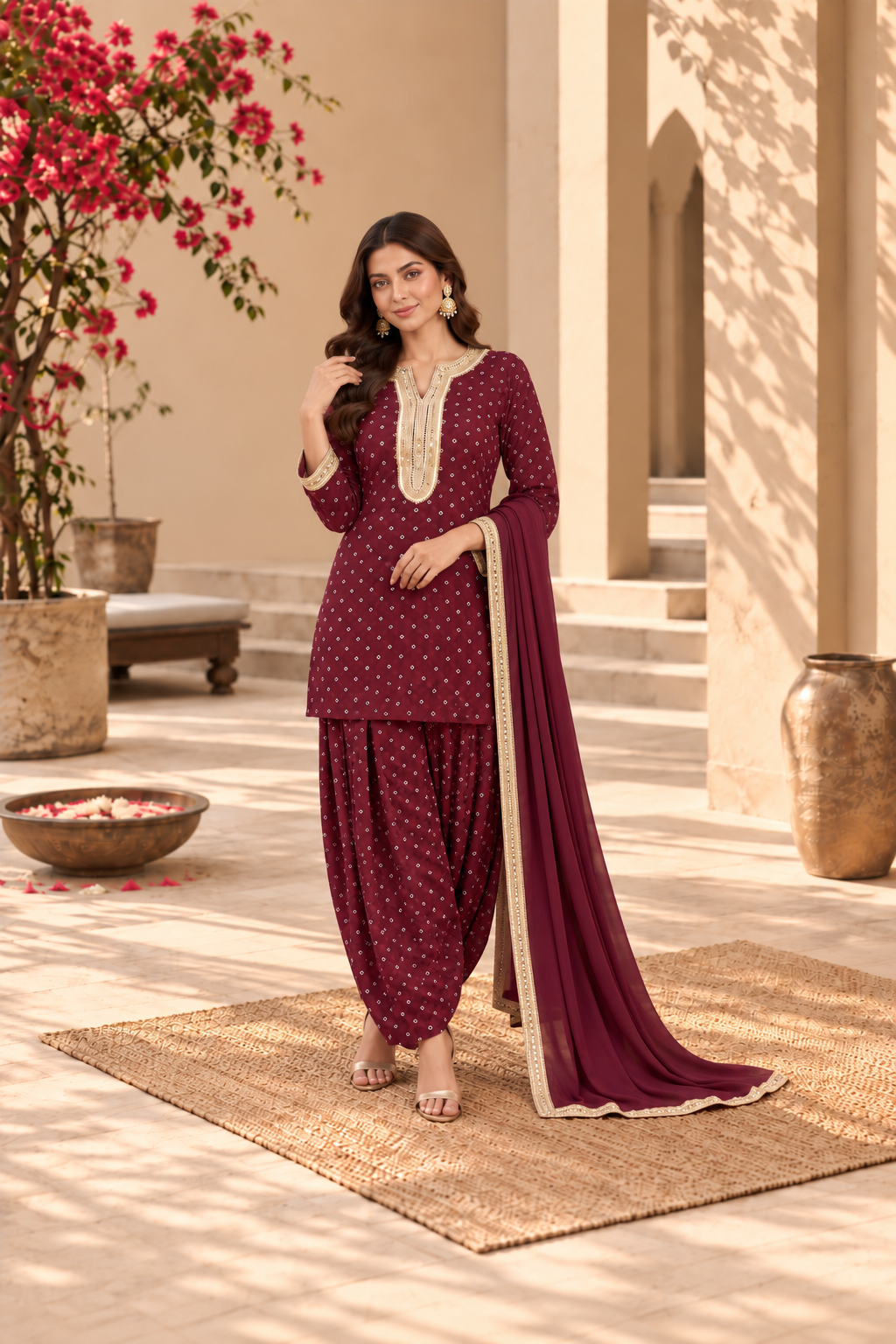 CHAITRA WINE BANDHEJ FARSHI SET WITH DUPATTA