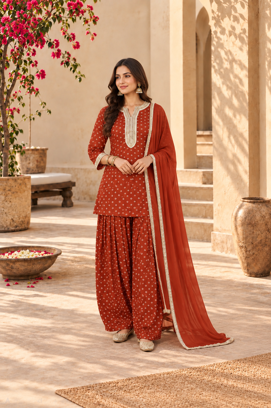 ASHIMA RUST BANDHEJ FARSHI SET WITH DUPATTA
