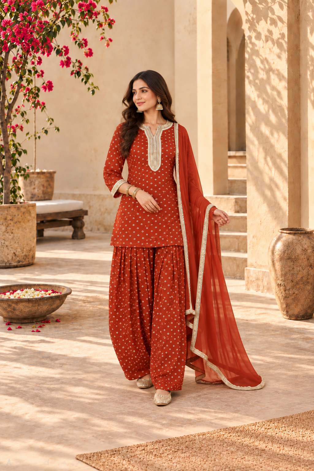 ASHIMA RUST BANDHEJ FARSHI SET WITH DUPATTA