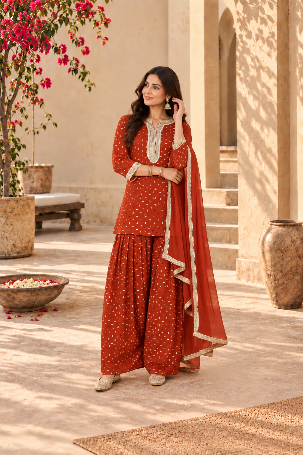 ASHIMA RUST BANDHEJ FARSHI SET WITH DUPATTA