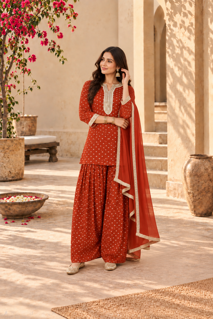 ASHIMA RUST BANDHEJ FARSHI SET WITH DUPATTA