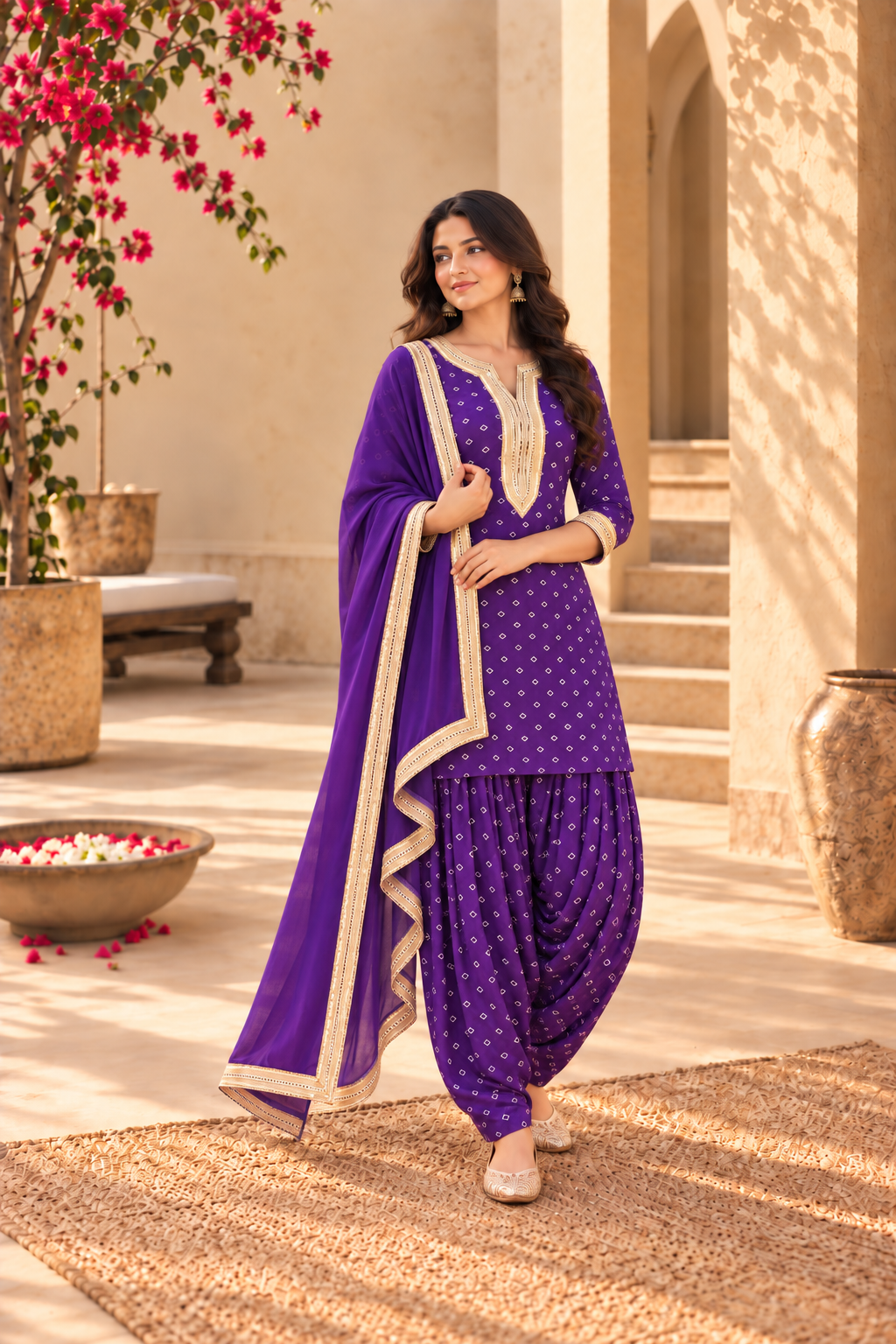 EKTA PURPLE BANDHEJ FARSHI SET WITH DUPATTA