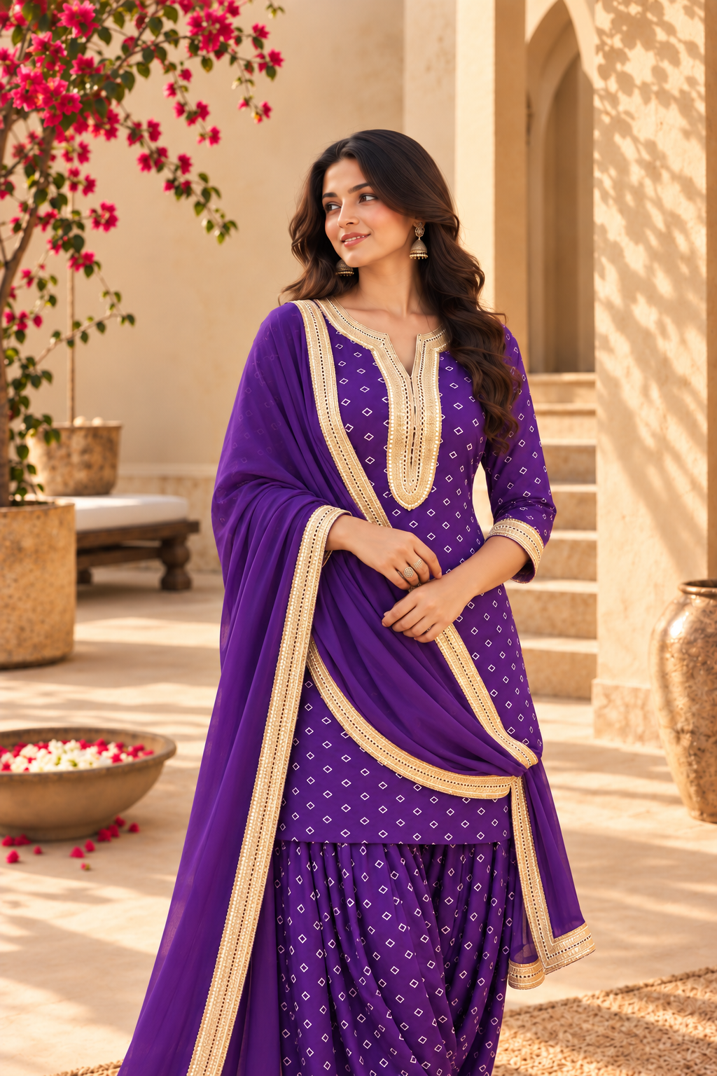 EKTA PURPLE BANDHEJ FARSHI SET WITH DUPATTA