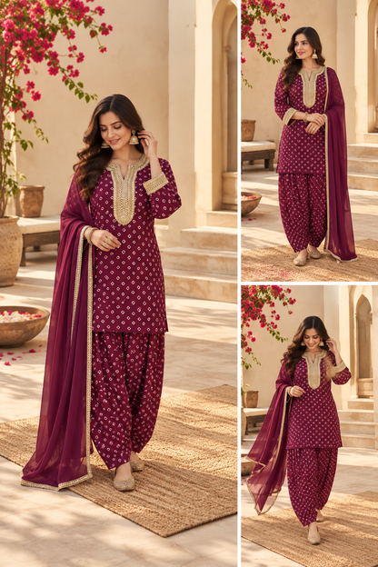 CHAITRA WINE BANDHEJ FARSHI SET WITH DUPATTA