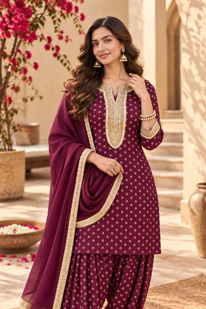 CHAITRA WINE BANDHEJ FARSHI SET WITH DUPATTA