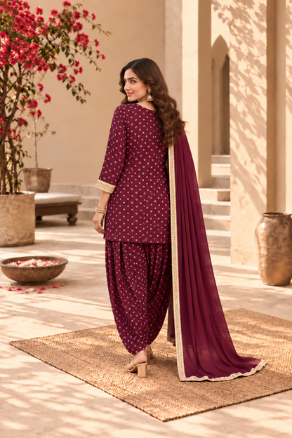CHAITRA WINE BANDHEJ FARSHI SET WITH DUPATTA