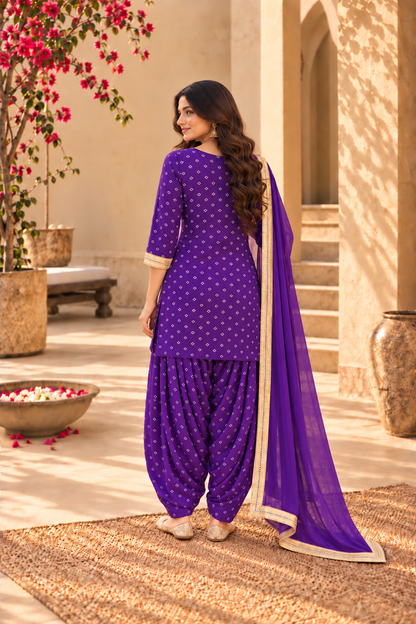 EKTA PURPLE BANDHEJ FARSHI SET WITH DUPATTA
