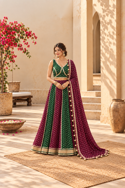 ISHA WINE-BOTTLE GREEN BANDHEJ LEHENGA