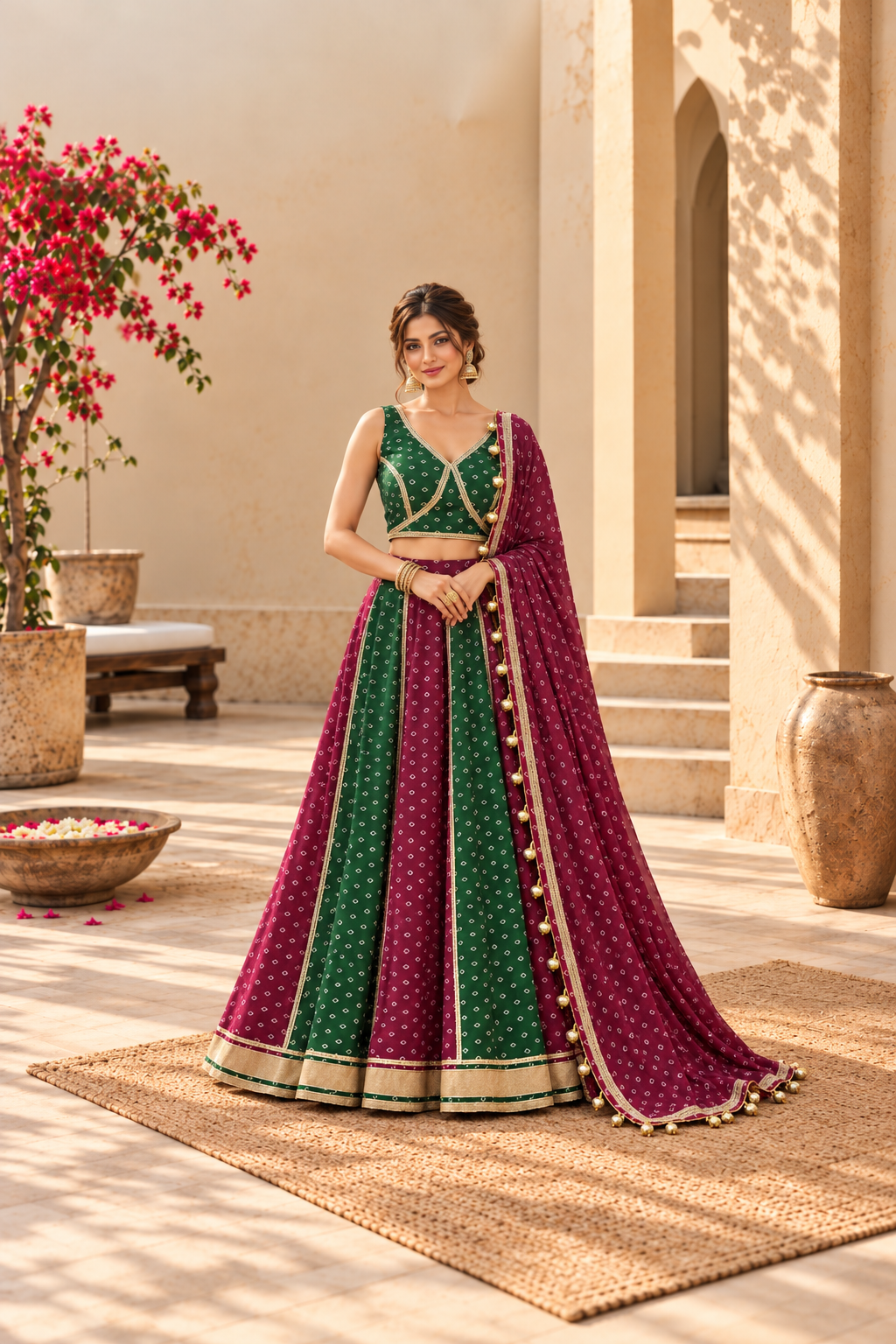 ISHA WINE-BOTTLE GREEN BANDHEJ LEHENGA