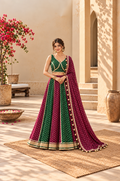 ISHA WINE-BOTTLE GREEN BANDHEJ LEHENGA