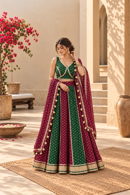 ISHA WINE-BOTTLE GREEN BANDHEJ LEHENGA