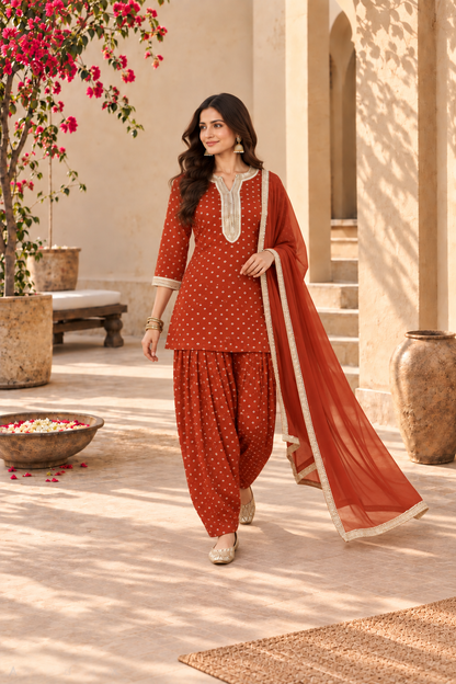 ASHIMA RUST BANDHEJ FARSHI SET WITH DUPATTA