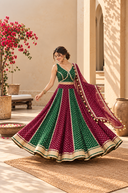 ISHA WINE-BOTTLE GREEN BANDHEJ LEHENGA