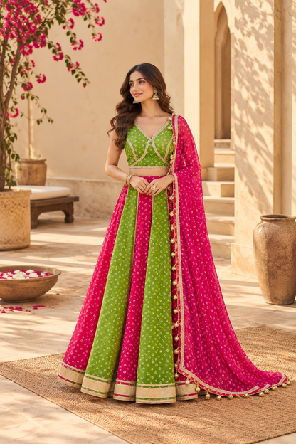 MITHILA GREEN-PINK KALI BANDHEJ LEHENGA